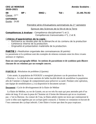 Première page de SVT 5e — Évaluation sommative, 1er semestre (2020-2021) · CEG LE NOKOUE
