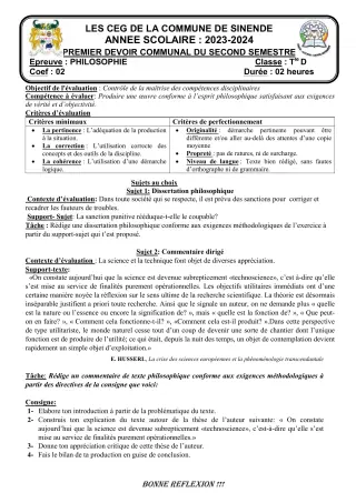 Première page de Philosophie Tle D — 1er devoir surveillé, 2e semestre (2023-2024) · CEG SEKERE