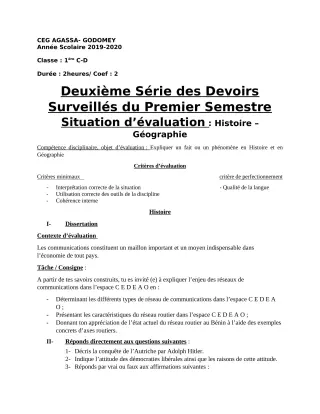 Première page de Histoire-Géographie 1ère C, 1ère D — 2e devoir surveillé, 1er semestre (2019-2020) · CEG Agassa Godomey