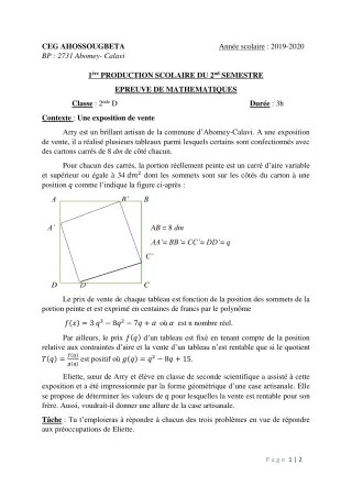 Première page de Mathématiques 2nde D — 1re production scolaire, 2e semestre (2019-2020) · CEG Ahossougbéta