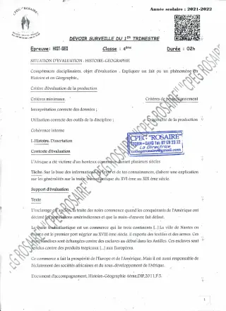 Première page de Histoire-Géographie 4e, 4e ML — 2e devoir surveillé, 1er trimestre (2021-2022) · CPEG ROSAIRE