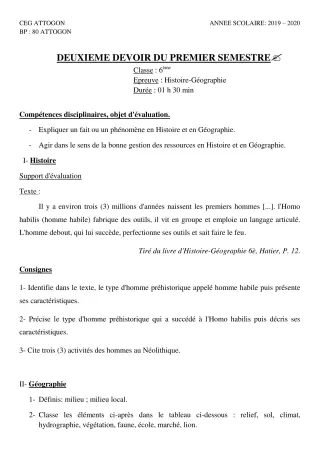 Première page de Histoire-Géographie 6e — 2e devoir surveillé, 1er semestre (2019-2020) · CEG Attogon