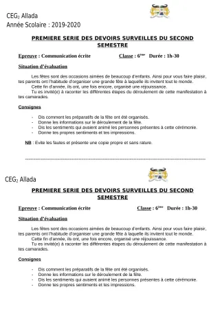 Première page de Français 6e — 1er devoir surveillé, 2e semestre (2019-2020) · CEG 2 Allada