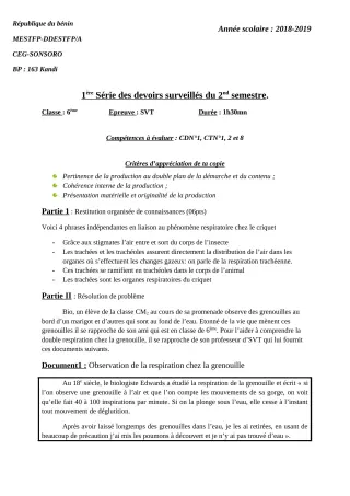 Première page de SVT 6e — 1er devoir surveillé, 2e semestre (2018-2019) · CEG SONSORO