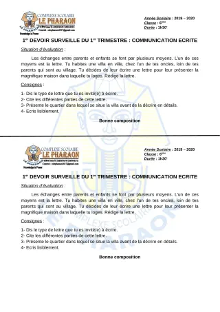 Première page de Français 6e — 1er devoir surveillé, 1er trimestre (2019-2020) · CPEG LE PHARAON