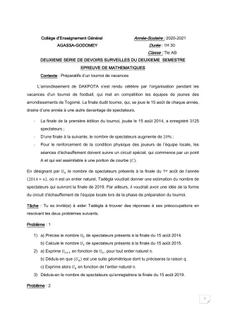 Première page de Mathématiques Tle A1, Tle B — 2e devoir surveillé, 2e semestre (2020-2021) · CEG Agassa Godomey