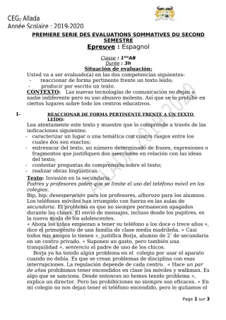 Première page de Espagnol 1ère B — 1re évaluation sommative, 2e semestre (2019-2020) · CEG 2 Allada