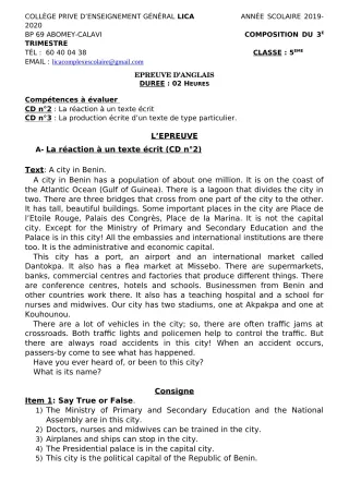 Première page de Anglais 5e — Composition, 1er trimestre (2019-2020) · CPEG LICA