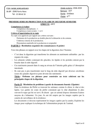 Première page de SVT 6e — 1re production scolaire, 2e semestre (2018-2019) · CEG AGBLANGANDAN