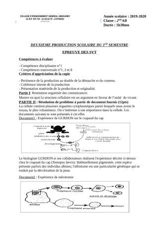 Première page de SVT 2nde A & B — 2e production scolaire, 1er semestre (2019-2020) · CEG GBEGAMEY