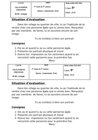 Première page de Français 5e — 2e devoir surveillé, 2e semestre (2019-2020) · CEG Honton