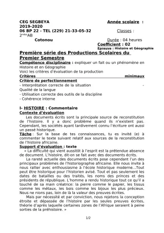 Première page de Histoire-Géographie 2nde A & B — 1re production scolaire, 1er semestre (2019-2020) · CEG SEGBEYA