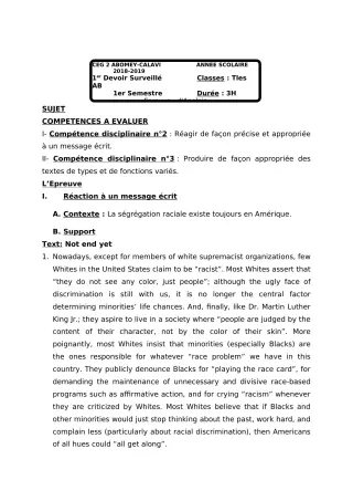 Première page de Anglais Tle A1, Tle A2, Tle B — 1er devoir surveillé, 1er semestre (2018-2019) · CEG2 ABOMEY - CALAVI (CEG ZOCA)