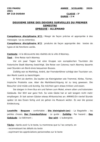 Première page de Allemand 3e ML — 2e devoir surveillé, 1er semestre (2020-2021) · CEG PAHOU
