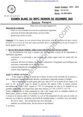 Première page de Bac 2026 – Espagnol LV2 Série A2, Bac blanc décembre 2025 (afición a la lotería, compréhension et production)