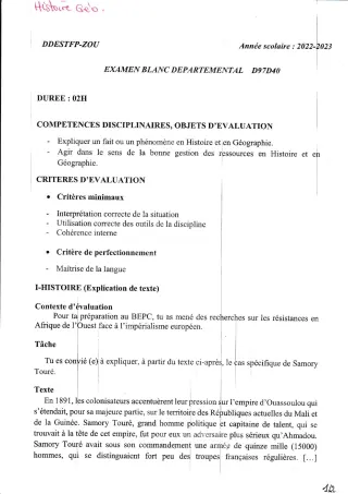 Première page de Examen Blanc de HIST-GEO — 3e — CEG1 Abomey (2022)