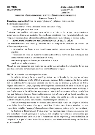Première page de Espagnol 1ère A1, 1ère A2, 1ère B — 1er devoir surveillé, 1er semestre (2020-2021) · CEG PAHOU