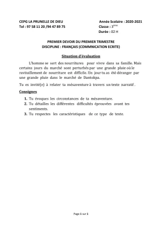 Première page de Français 6e, 5e, 4e, 3e, 3e ML, 2nde A1, 2nde B — 1er devoir surveillé, 1er trimestre (2020-2021) · CEPG La Prunelle de Dieu