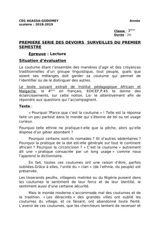 Première page de Français 6e, 5e, 4e, 3e — 1er devoir surveillé, 1er semestre (2018-2019) · CEG Agassa Godomey