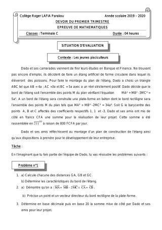 Première page de Mathématiques Tle C — Devoir surveillé, 1er trimestre (2019-2020) · CPEG Roger LAFIA