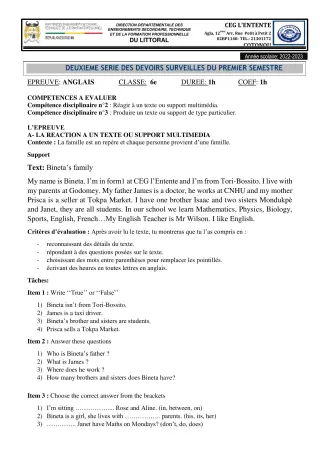Première page de Anglais 6e, 5e, 4e, 3e, 2nde A2, 2nde B, 2nde C, 2nde D, 1ère A2, 1ère B, 1ère C, 1ère D, Tle A2, Tle B, Tle C, Tle D — 2e devoir surveillé, 1er semestre (2022-2023) · CEG L'Entente