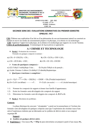 Première page de PCT 1ère D — 2e évaluation sommative, 1er semestre (2021-2022) · CEG1 Abomey-Calavi