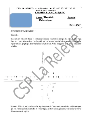 Première page de Examen Blanc de MATHS GENE — Tle A2 — CPEG La Releve (2019)