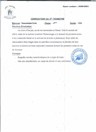 Première page de Français 4e — Composition, 1er trimestre (2020-2021) · CPEG ROSAIRE