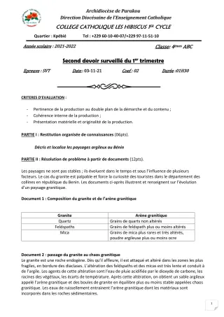 Première page de SVT 4e — 2e devoir surveillé, 1er trimestre (2021-2022) · Hibiscus 1er cycle