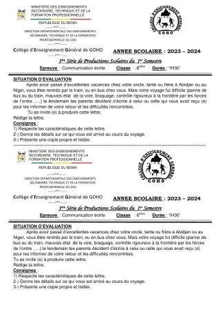 Première page de Français 6e — 1re production scolaire, 1er semestre (2023-2024) · CEG GOHO