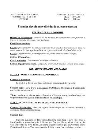 Première page de Philosophie 1ère A1, 1ère A2, 1ère B — 1er devoir surveillé, 2e semestre (2020-2021) · CEG Kouhounou-Vêdoko