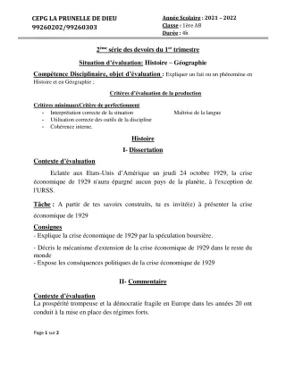Première page de Histoire-Géographie 1ère B — 2e devoir surveillé, 1er trimestre (2021-2022) · CEPG La Prunelle de Dieu