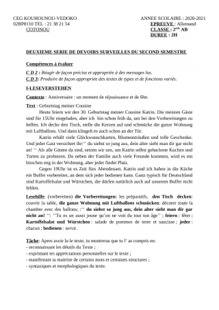 Première page de Allemand 2nde A & B — 2e devoir surveillé, 2e semestre (2020-2021) · CEG Kouhounou-Vêdoko