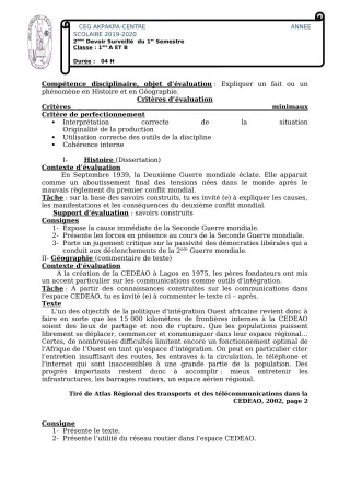 Première page de Histoire-Géographie 1ère A1, 1ère A2, 1ère B — 2e devoir surveillé, 1er semestre (2019-2020) · CEG 1 Akpakpa-Centre