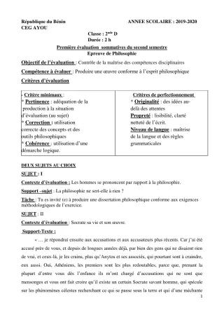 Première page de Philosophie 2nde D — 1re évaluation sommative, 2e semestre (2019-2020) · CEG AYOU