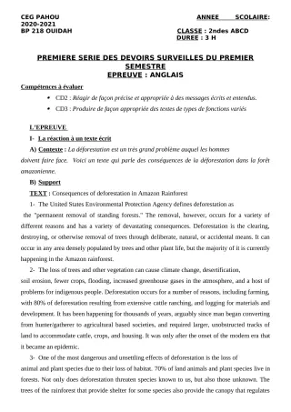Première page de Anglais 2nde A & B, 2nde A1, 2nde A2, 2nde B, 2nde C, 2nde D — 1er devoir surveillé, 1er semestre (2020-2021) · CEG PAHOU