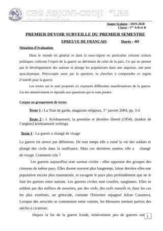 Première page de Français 1ère B — 1er devoir surveillé, 1er semestre (2019-2020) · CEG ADJOVICODJI 'LES OLIVIERS'