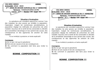 Première page de Français 6e, 5e, 4e, 4e ML, 3e, 3e ML, 2nde A, 2nde D, 1ère A, 1ère D, Tle A, Tle D — 2e devoir surveillé, 1er semestre (2018-2019) · CEG BIRO