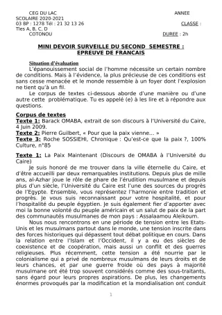 Première page de Français Tle A2, Tle B, Tle C, Tle D — 1er devoir surveillé, 2e semestre (2020-2021) · CEG du Lac