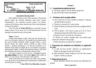 Première page de Français 6e, 5e, 4e, 4e ML, 3e, 3e ML — Devoir surveillé, 1er semestre (2019-2020) · CEG 2 N'DALI