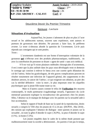 Première page de Histoire-Géographie 3e, 3e ML — 2e devoir surveillé, 1er trimestre (2019-2020) · CPEG GOD'S TIME