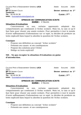 Première page de Français 3e, 3e ML — Devoir surveillé, 1er trimestre (2020-2021) · CPEG LICA