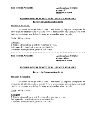 Première page de Français 6e — 1er devoir surveillé, 1er semestre (2020-2021) · CEG ATROKPOCODJI