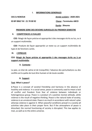 Première page de Anglais Tle A1, Tle A2, Tle B, Tle C, Tle D — 1er devoir surveillé, 1er semestre (2020-2021) · CEG LE NOKOUE