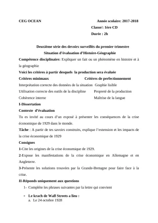 Première page de Histoire-Géographie 5e, 1ère C, 1ère D — 2e devoir surveillé, 1er trimestre (2017-2018) · CEG l'Océan