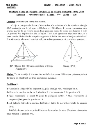 Première page de Mathématiques 4e, 4e ML — 1er devoir surveillé, 2e semestre (2019-2020) · CEG ZOGBO