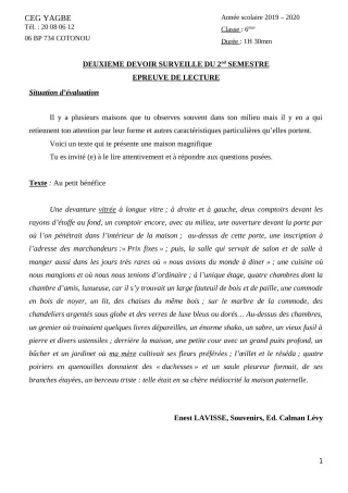 Première page de Français 6e — 2e devoir surveillé, 2e semestre (2019-2020) · CEG Yagbe