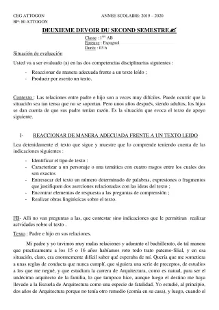 Première page de Espagnol 1ère A & B, 1ère A1, 1ère A2, 1ère B — 2e devoir surveillé, 2e semestre (2019-2020) · CEG Attogon