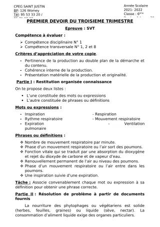 Première page de SVT 6e, 5e, 1ère A2, 1ère B, 1ère D — 1er devoir surveillé, 3e trimestre (2021-2022) · CPEG SAINT Justin