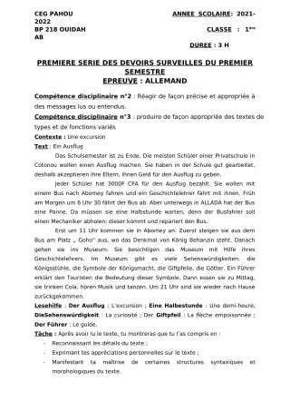 Première page de Allemand 1ère A1, 1ère A2, 1ère B — 1er devoir surveillé, 1er semestre (2021-2022) · CEG PAHOU